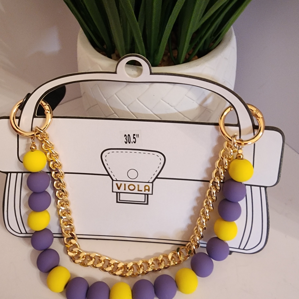 Purple and Yellow Beaded Necklace with Gold Chain